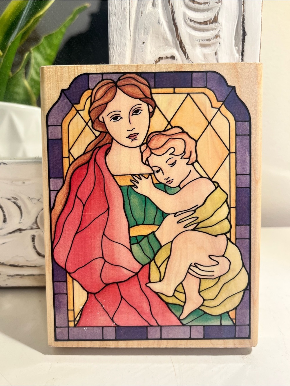 Rubber Stampede wooden and rubber large stamp "stained glass mother and Child"